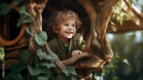 Happy kid sitting in children's treehouse in backyard photo