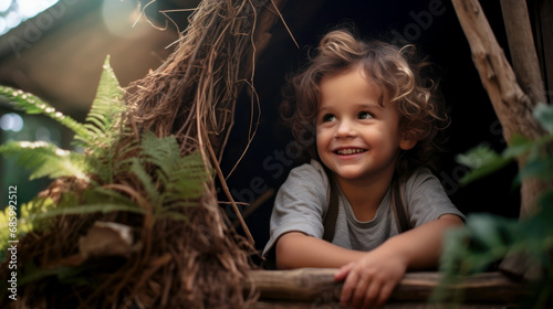 Happy kid sitting in children's treehouse in backyard