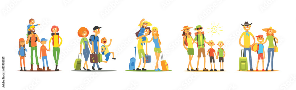 Happy Family on Summer Vacation with Kids and Suitcase Vector Set Happy Family on Summer Vacation with Kids and Suitcase Vector Set