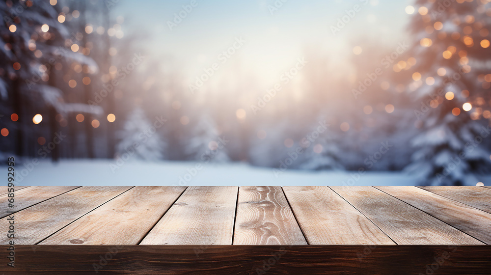 empty wooden table in front of blurred winter holiday