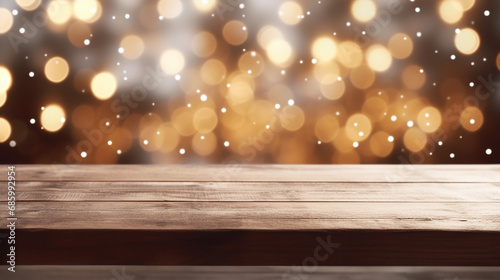 empty wooden table in front of blurred winter holiday with lights
