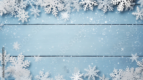 frame of white snow on light blue wooden background simple design