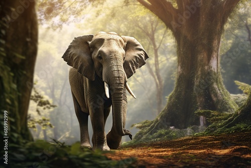Wild elephant in the beautiful forest. A herd of wild elephants walk through the nature park. Image of big animal.