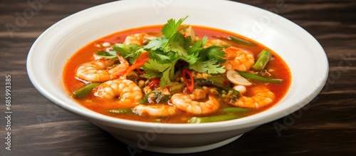 Spicy vegetable soup with shrimp in a white bowl. Traditional Thai healthy menu.