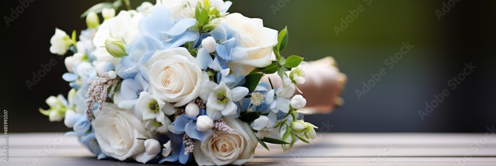 Beautiful fresh bouquet of flowers for the bride close up, banner