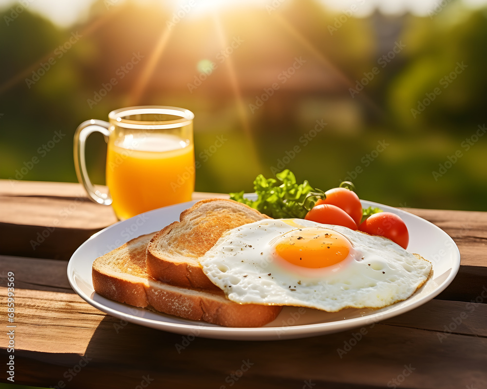Fototapeta premium Fried Egg on bread and a glass of orange juice for Breakfast. Fried egg with bread on plate over wooden table, top view, copy space.