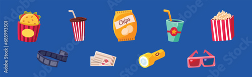 Bright Cinema Element on Blue Background Vector Set