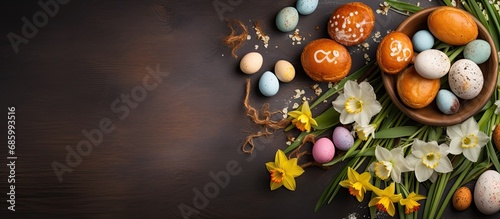 Top view of traditional Czech sweet Easter pastry and spring flowers alongside Easter eggs dyed with onion peels. photo