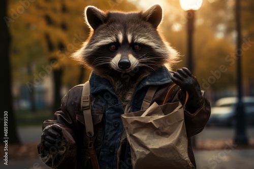 Cute funny raccoon in a suit close-up