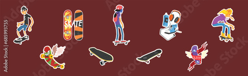 Skateboard Modern Colorful Sticker as Active Street Sport Vector Set