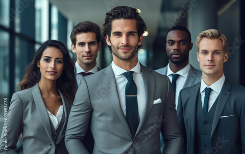 A group of modern elegant work professionals in a sophisticated corporate setting