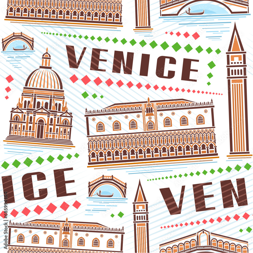 Vector Venice Seamless Pattern, square repeat background with outline illustration of famous venice city scape on white background, decorative line art urban historical poster with brown word venice