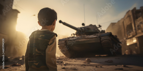 little Palestinian child standing in front of tank photo