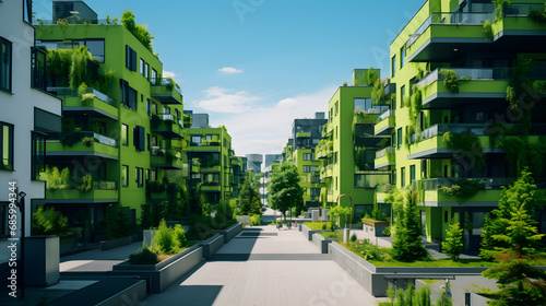 Modern apartment buildings in a green residential area in the city. Generative AI.