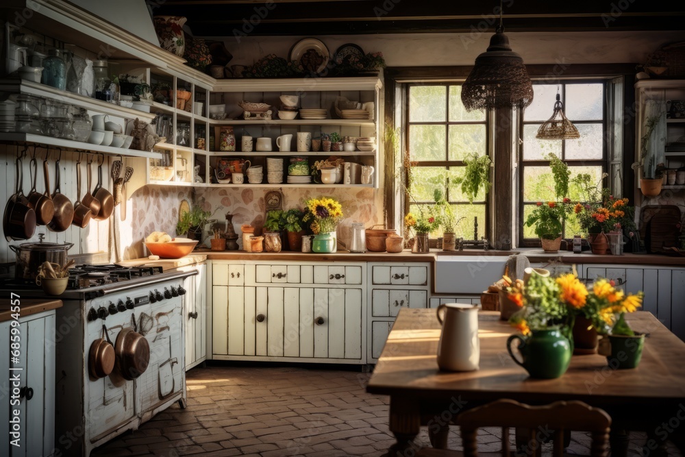 Cozy farmhouse style kitchen interior, room filled with all sorts of appliances and details rustic kitchen