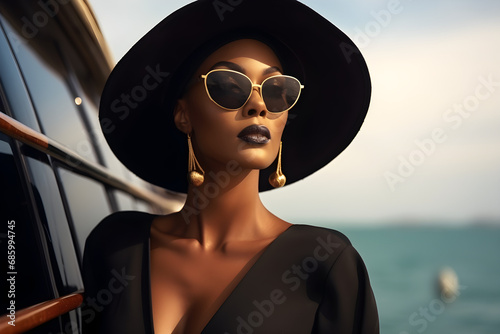 close up portrait of a stylish modern black woman wearing elegant high fashion clothes on luxury yacht photo
