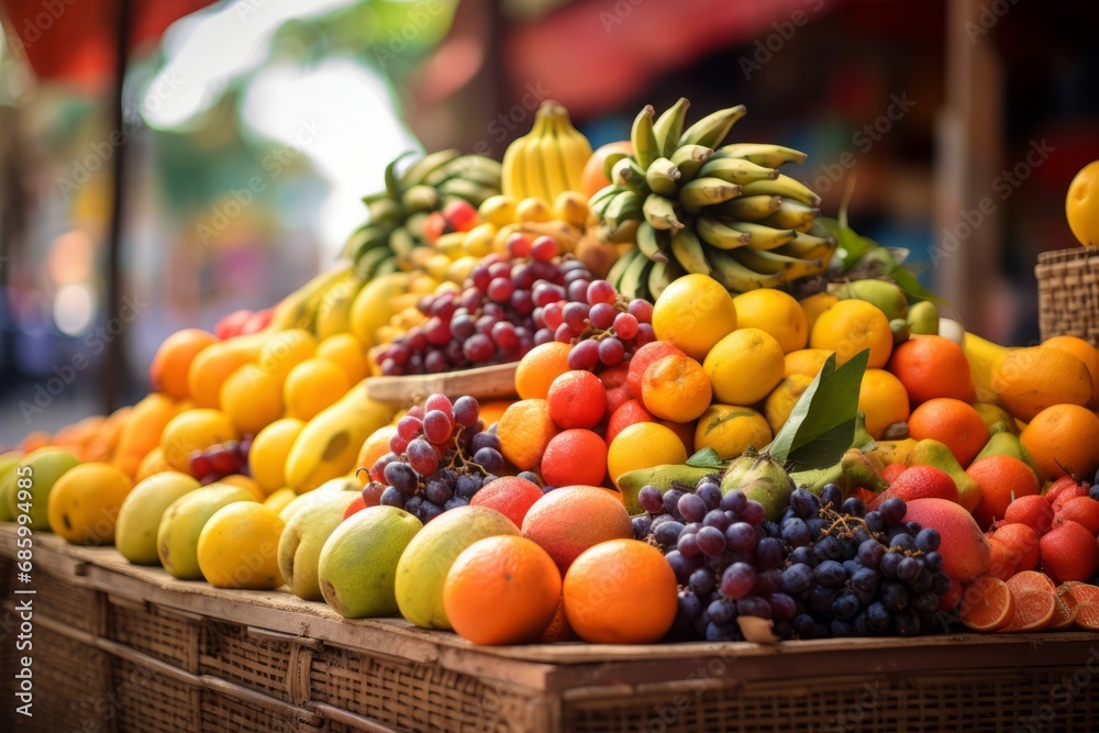 Seasonal fresh fruits at a street outdoor market, variety of organic local products
