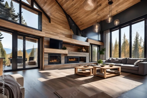 Modern wooden cottage house interior with living room close up. Gorgeous fireplace with natural stone tile trim and large glass wall. 