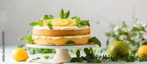 Homemade vegan citrus cake with cashew cream and green spring leaves.