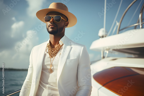 close up portrait of a stylish modern black man wearing elegant high fashion clothes on luxury yacht