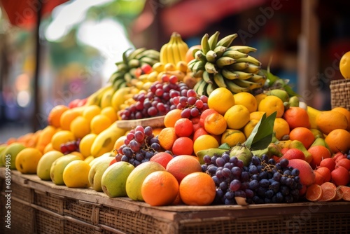 Seasonal fresh fruits at a street outdoor market  variety of organic local products