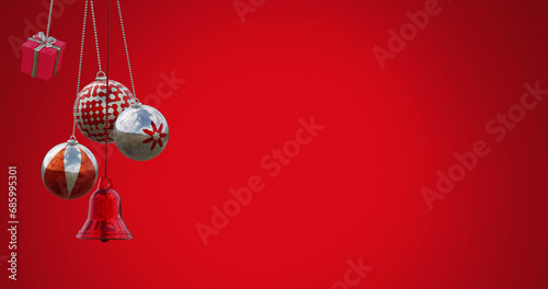 Digital png illustration of silver and red christmas ornaments on red background, copy space