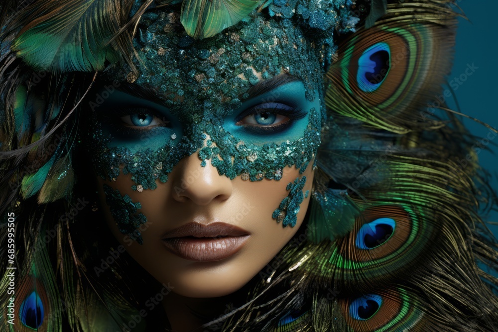 Young girls in beautiful fashionable clothes in peacock plumage colors, exotic bird and high fashion, fashion magazine cover Young girls in beautiful fashionable clothes in peacock plumage colors, exotic bird and high fashion, fashion magazine cover