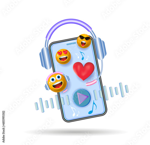 Smartphone and headphones in cartoon style. 3d vector illustration.