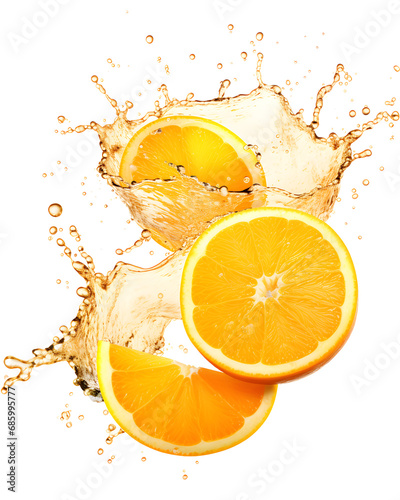 Falling Fresh orange with splash of water high detail on white background