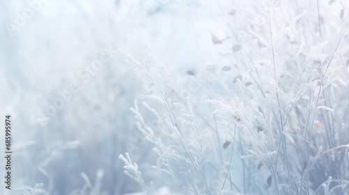 winter panorama with snow covered branches of plants