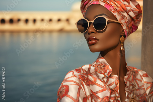 close up portrait of a stylish modern black woman wearing elegant high fashion clothes on vacation photo