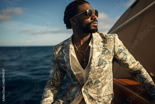 close up portrait of a stylish modern black man wearing elegant high fashion clothes on holiday photo
