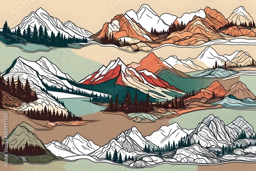vector style drawing of the Canadian Rockies mountains landscape with flat colors