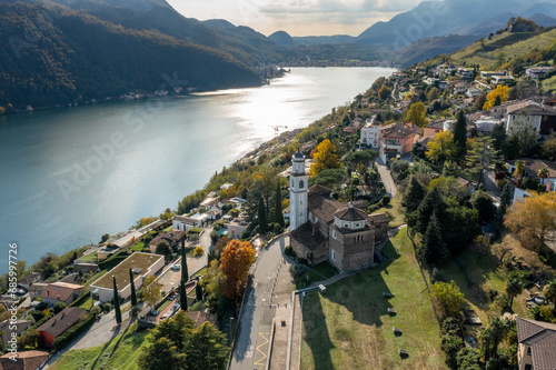 drone view of Vico Morcote village and Lake Lugano in southern Switzerland photo