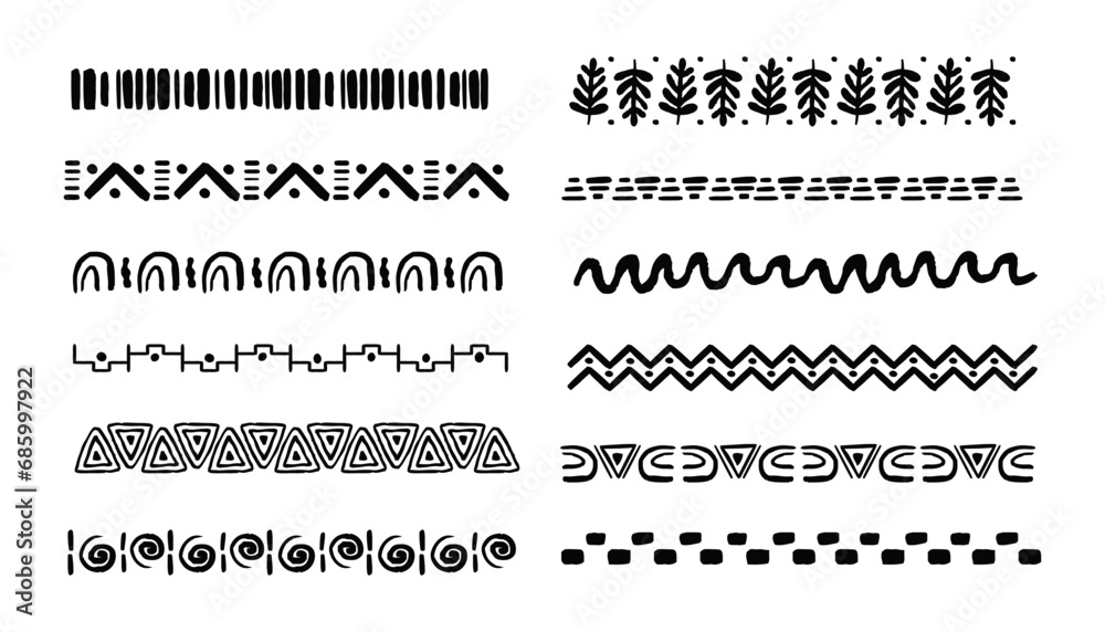 Set african tribal motive border in doodle hand drawn style from geometrical shapes isolated on white background. boho scandinavian srtoke, traditional native decor. - obrazy, fototapety, plakaty 