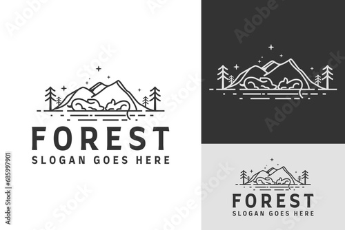 Mountain Tree Forest with Puppy Dog Kitty Cat Pet Care Logo Design Branding Template