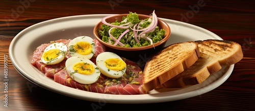 Traditional American bistro starter: Sashimi-grade ahi tuna, diced and combined with red onions, lemon juice, olive oil, eggs, garlic, and capers. Accompanied by garlic toast.