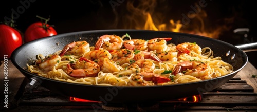 Using a nonstick frying pan to cook shrimp scampi with linguine pasta.