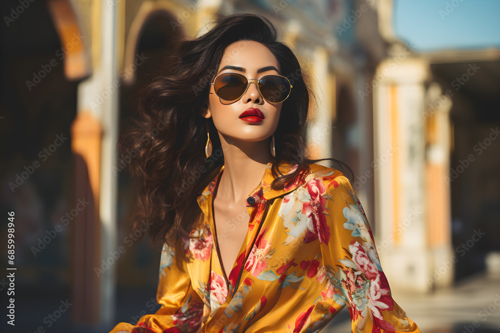 close up portrait of a stylish modern Asian woman wearing elegant high fashion clothes on vacation