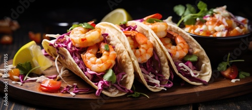 Spicy homemade shrimp tacos with coleslaw and salsa.