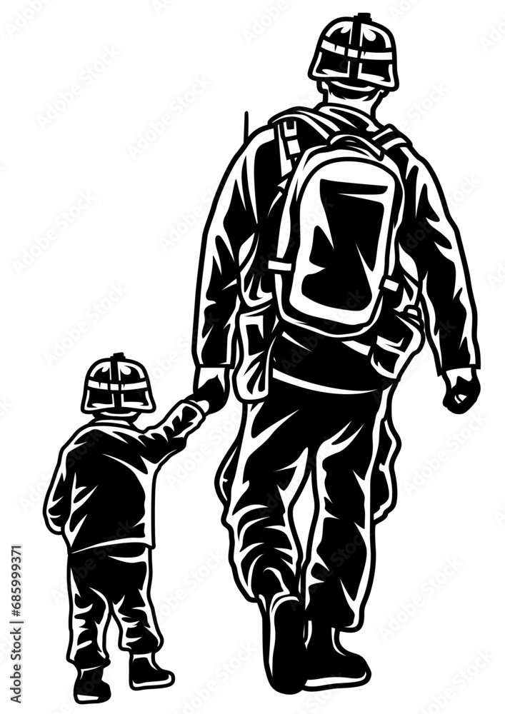 Veteran Dad with Son Vector, Army with Son Clipart, Like Father Like Son Stencil, Combat Dad, Military Papa, Fatherhood, Father's Day Tshirt Design, Navy Marine Family Man Illustration