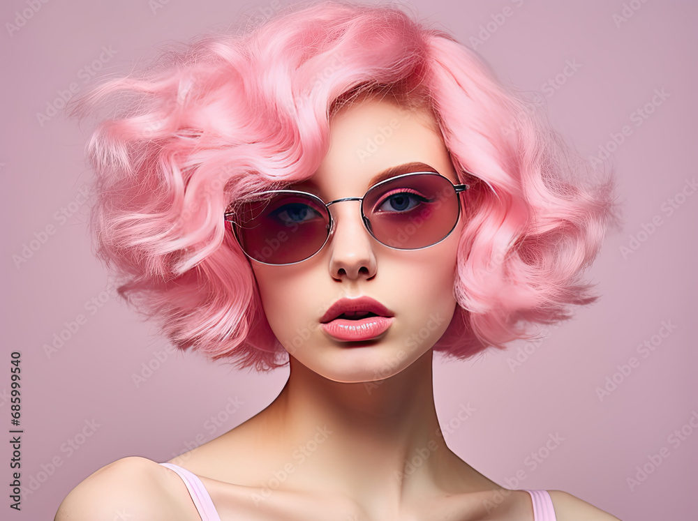a beautiful young woman with a pink short hair