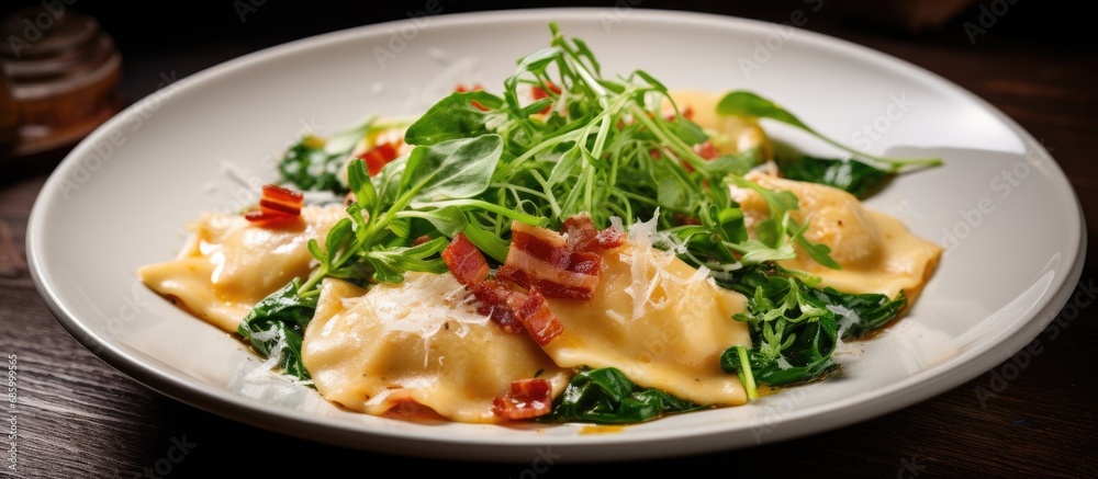 Traditional Italian cuisine. Close-up of ravioli with bacon, greens, and sauce on plate. Top view. Traditional Italian cuisine. Close-up of ravioli with bacon, greens, and sauce on plate. Top view.