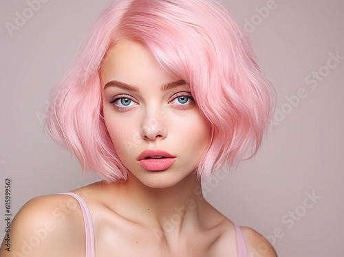 a beautiful young woman with a pink short hair