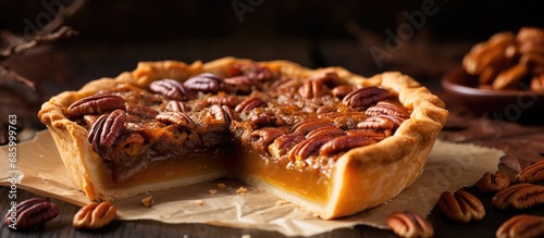 Pumpkin and pecan pie slices placed on parchment paper during Thanksgiving. photo
