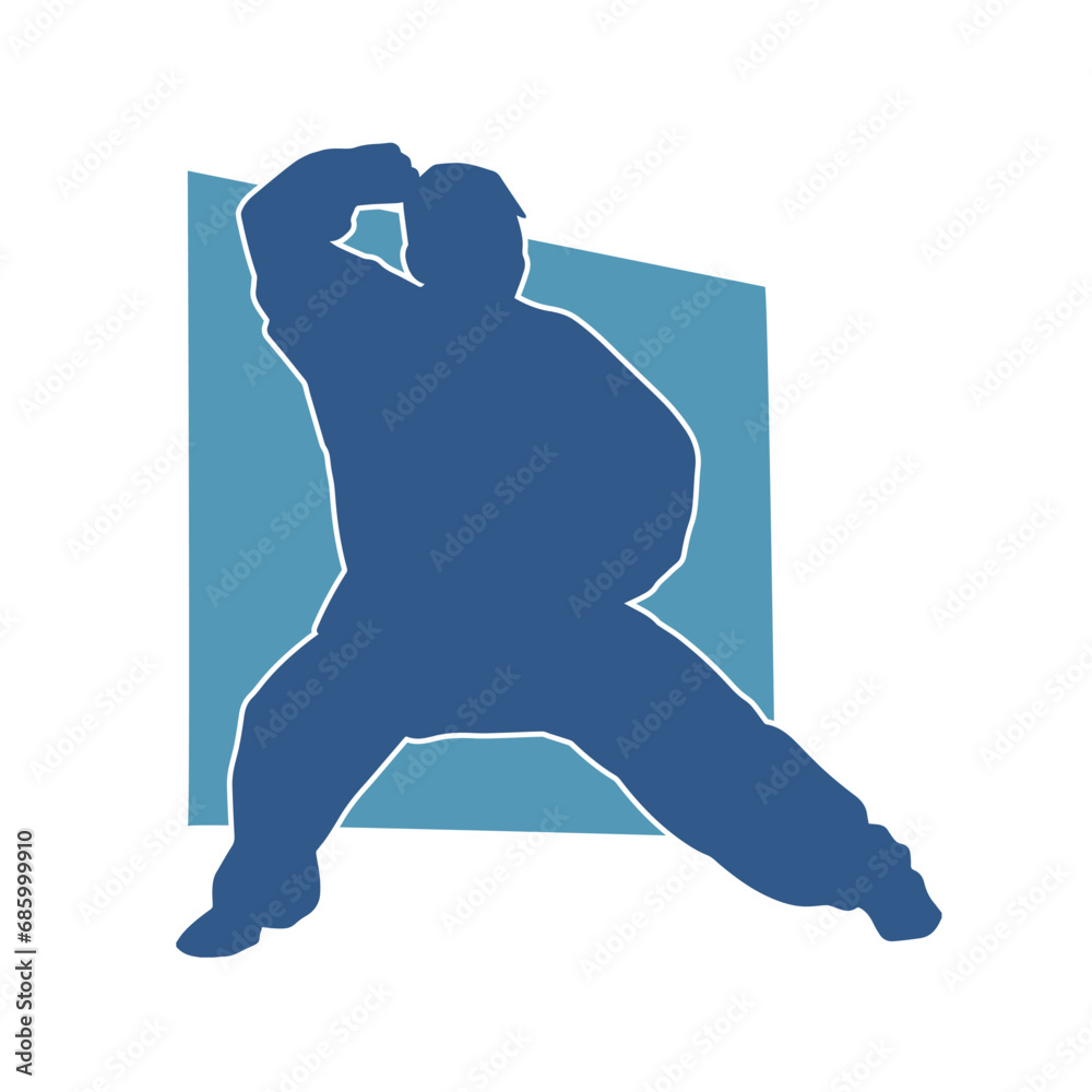 Obraz premium Silhouette of a man in oriental martial art pose. Silhouette of a male in martial art move.
