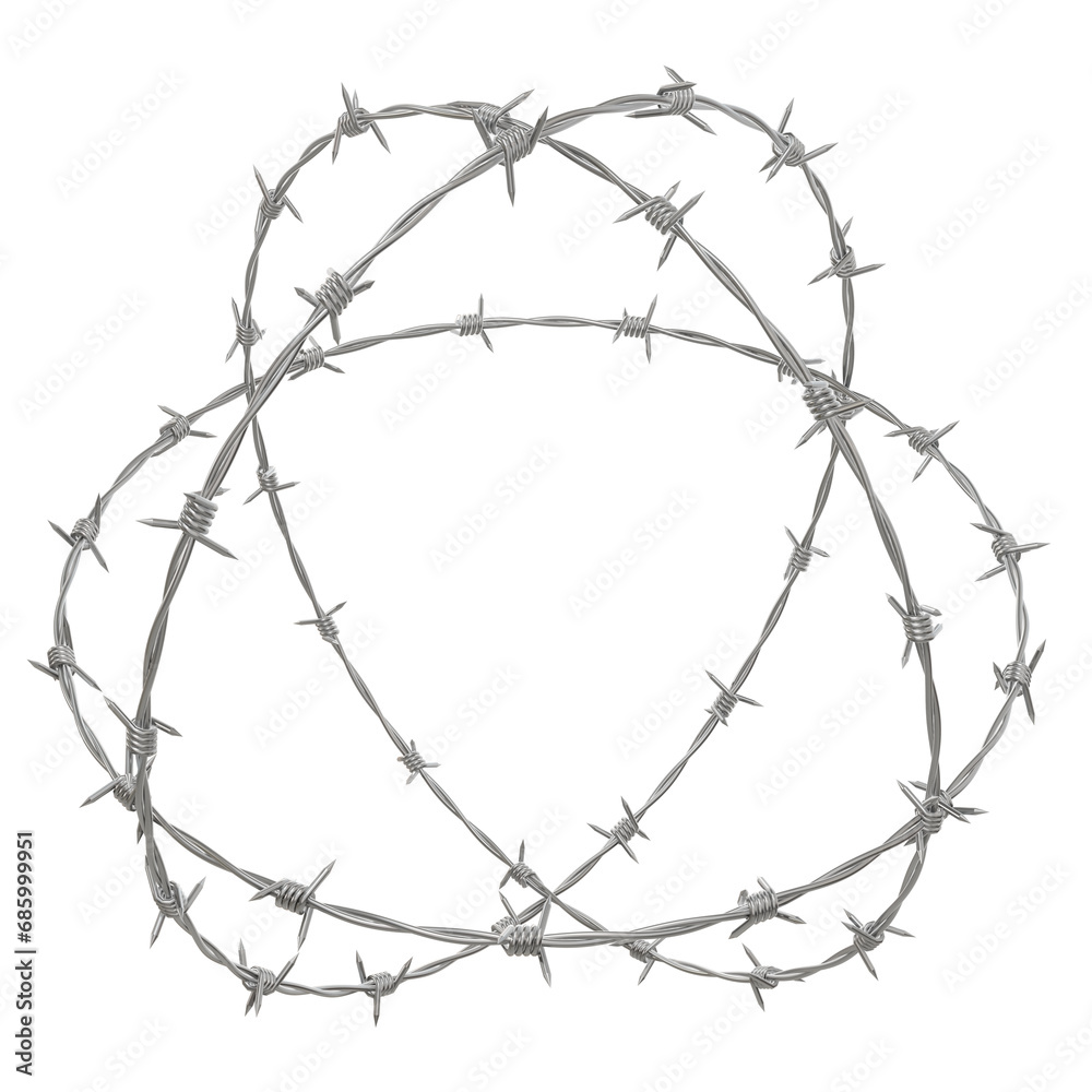 A 3D illustration depicting an atom-like structure formed by three circular barbed wires entwined around, isolated on a transparent background in PNG format.