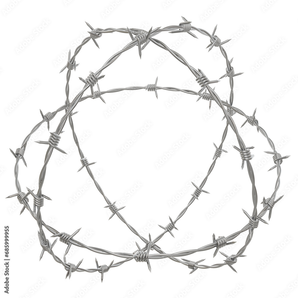 A 3D illustration resembling an atom structure, created using three circular barbed wires entwined around, isolated on transparent background, PNG. A 3D illustration resembling an atom structure, created using three circular barbed wires entwined around, isolated on transparent background, PNG.