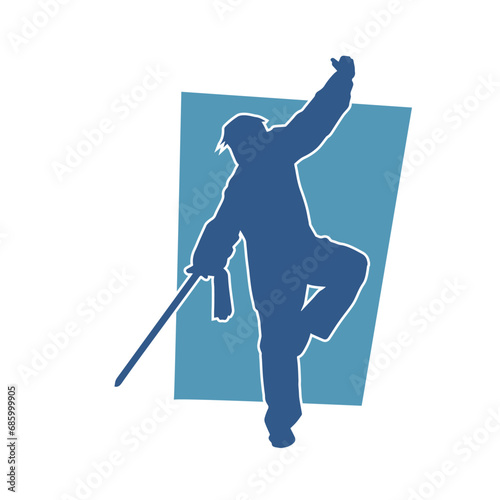 Silhouette of a male warrior in action pose with sword weapon. Silhouette of a man fighter carrying sword weapon.