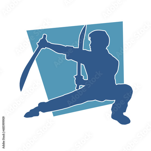 Silhouette of a male warrior in action pose with sword weapon. Silhouette of a man fighter carrying sword weapon.